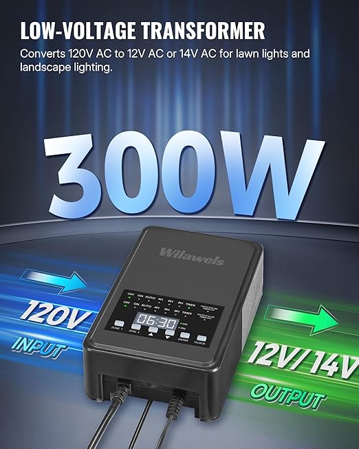 300W Low Voltage Landscape Transformer 2 Zone Independent Control 120VAC to 12/14V AC Low Voltage Transformer Landscape Lighting Transformer with Timer &amp Photocell Sensor ETL Listed D26LT06
