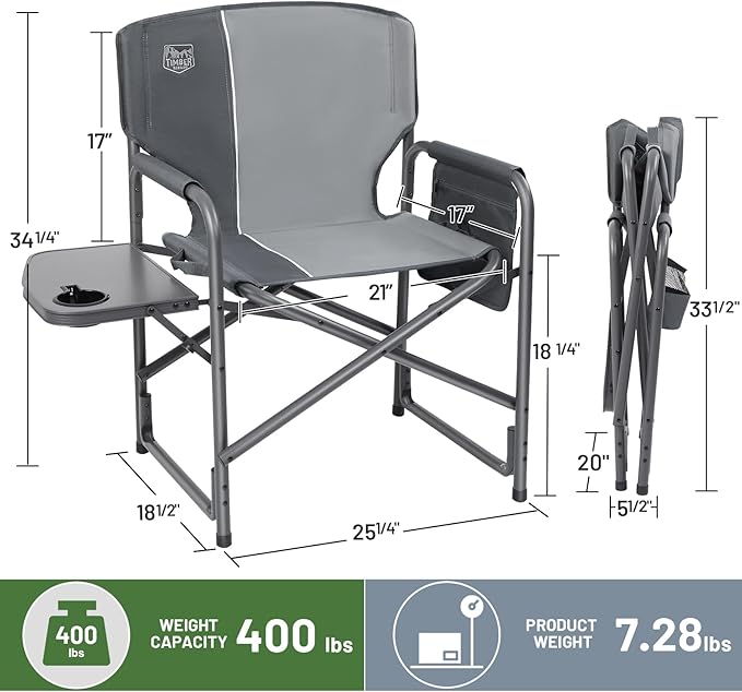 Timber Ridge Aluminum Oversized Camping Chair Lightweight Portable Directors Chair with Side Table Detachable Side Pocket for Outdoor Camping Lawn Picnic Support 400lbs Gray