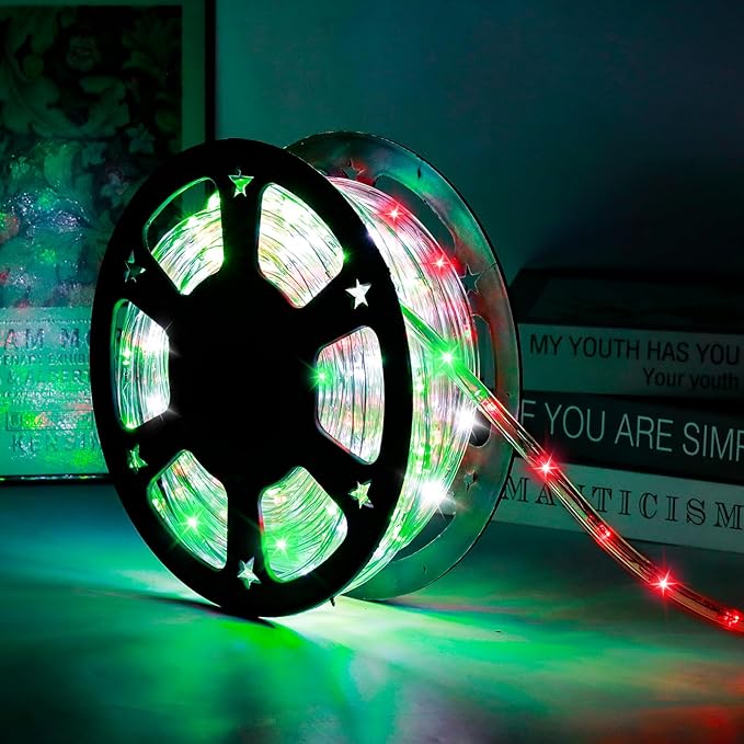 50ft 360 LED Waterproof Rope Lights 110V Connectable Indoor Outdoor Led Rope Lights for Deck Patio Pool Camping Bedroom Decor Landscape Lighting and More (RED+White+Green)
