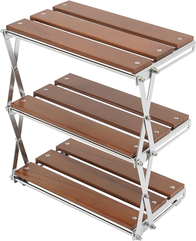 Camping Rack 3-Tier Camping Folding Storage Rack Organizer with Carry Bag Retro Rectangular Camping Dish Rack Shelf for Barbecues Camping Hiking Parties Walnut Load 10kg/22.05lbs