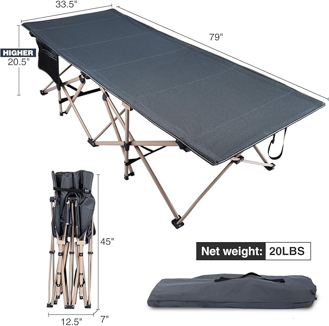 REDCAMP Oversized Camping Cots for Adults 500lbs 33.5'' Extra Wide Tall Sleeping Cots Heavy Duty XL Cots Portable for Outdoor Indoor Office Dark Grey