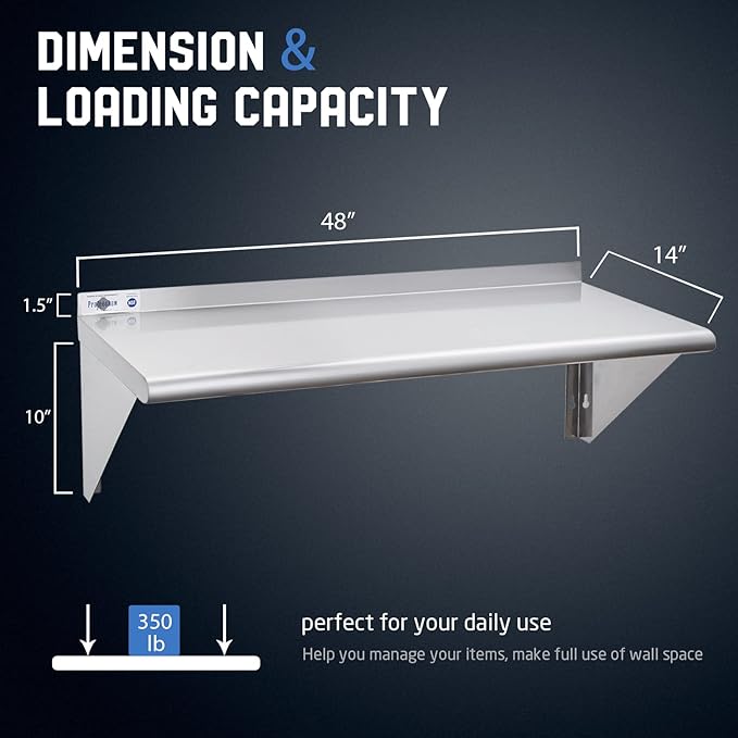 Profeeshaw NSF Stainless Steel Shelf 14” x 48” 350 lb Commercial Shelves Wall Mounted Metal Shelving with Backsplash and 2 Brackets for Restaurant Bar Utility Room Kitchen and Garage