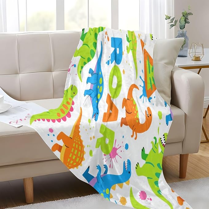 Blanket Throw For Women Cartoon Roaring Dino Fluorescent Blue Green White Sofa Throws 50x70 Inches