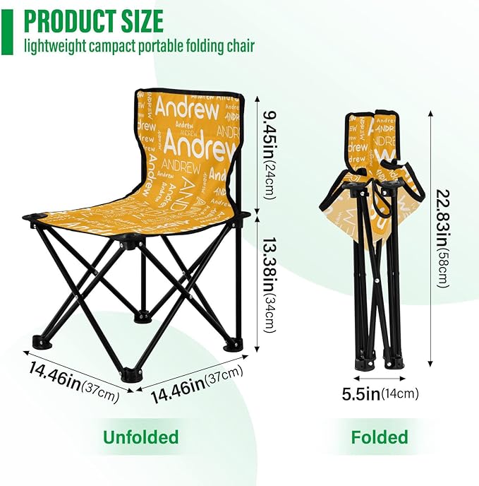 Sinestour Orange Custom Folding Camping Chair for Teen Child Personalized Name 14.6×14.6in Portable Outdoor Chair with Carry Bag for Picnic Barbeques Beach