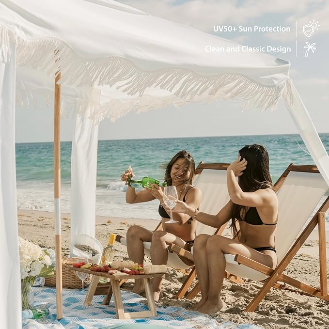 AMMSUN Beach Cabana with Fringe 6.5' x 6.5' Boho Beach Canopy with Tassels Easy Set up &amp Premium Wood Pole Cabana Tent with Sand Pockets Instant Sun Shade for Sand Garden Patio Elegant Whit
