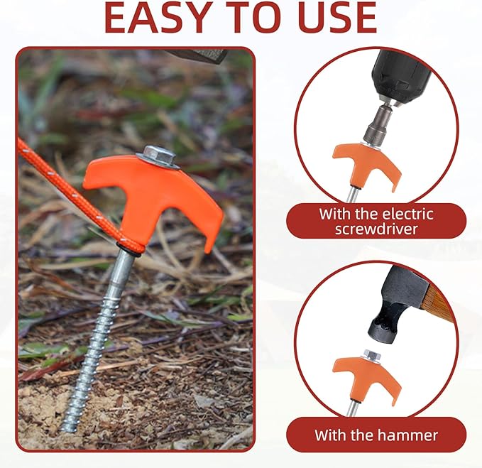 50 Pack 8 Inch Screw in Tent Stakes Heavy Duty Tent Stakes Screw in Ground Camping Stake with Hex Head Driver Metal Pegs Spikes for Camping Garden Yard (Orange)