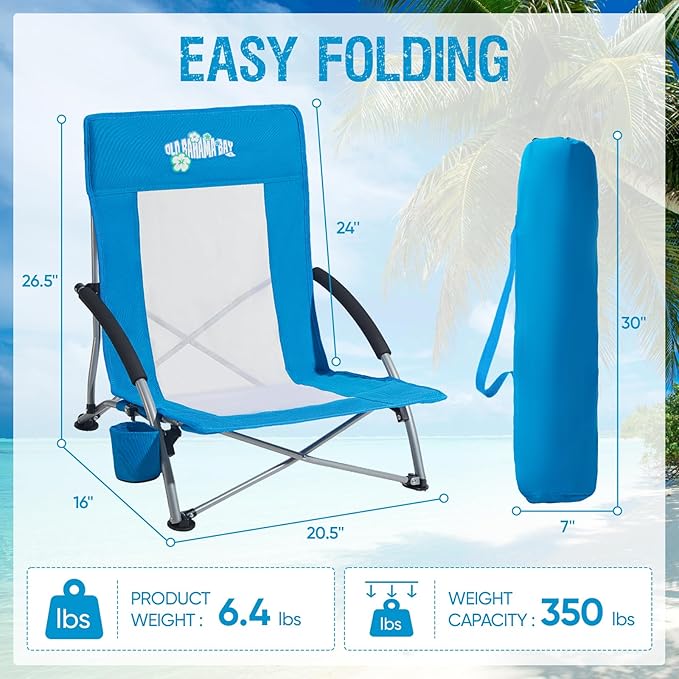 Old Bahama Bay Folding Beach Chair 2 Pack Beach Chairs for Adults Low Beach Camping Chair with Cup Holder Mesh Back for Outdoor Fishing Sand Lawn Supports up to 350lbs