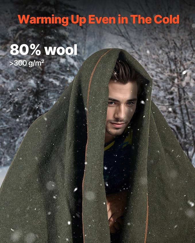 VEVOR Wool Camping Blanket Large Warm Stadium Blanket Flame Retardant Great for Outdoors Picnics Hiking Sports Events Travel Car &amp Bushcraft Survival Kits 64 x 88 Army Green Wool Blank