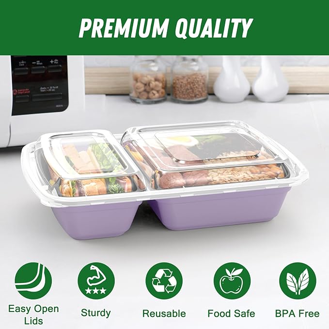 50 Pack (100-Piece) 28 oz Meal Prep Containers Reusable with Lids 2-Compartment Sturdy Leakproof Food Safe Microwave Freezer Dishwasher Safe To Go Take Out Plastic Food Storage Lilac