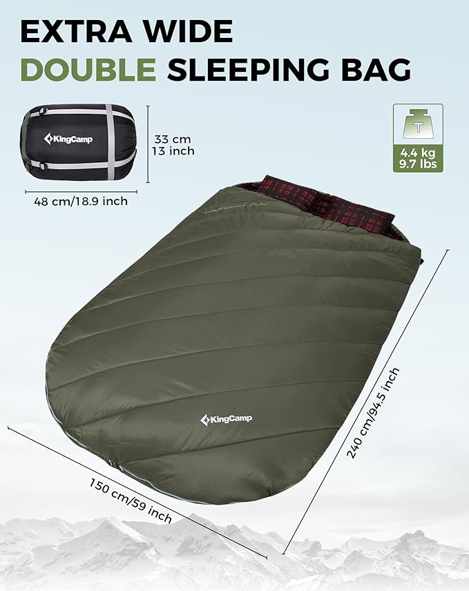 KingCamp Double Sleeping Bag for Adults Queen Size 2 Person XXL Flannel Sleeping Bag Waterproof Lightweight Flannel Quilt with 2 Pillows Perfect for Couples Family Camping Hiking
