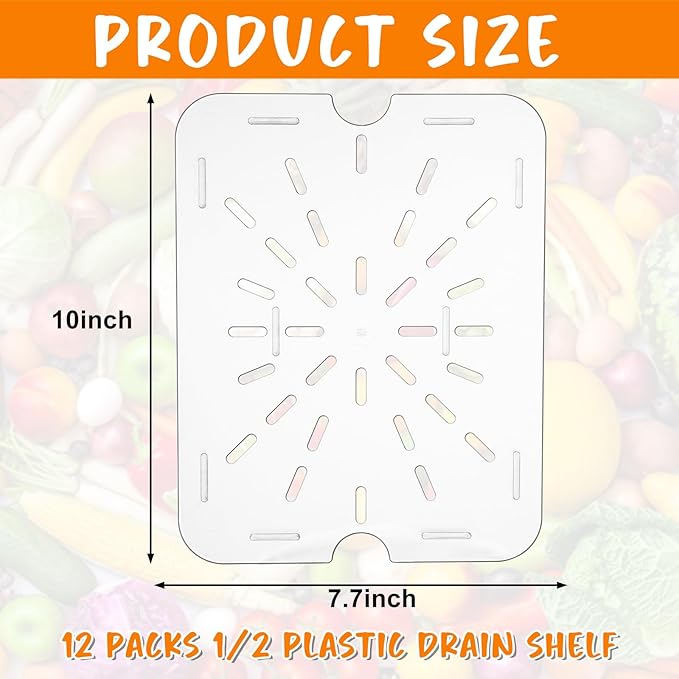 12-Pack Acrylic Food Drain Trays Clear Plastic Drain Shelf for 1/2 Size Food Pans Countertop Mount Dishware