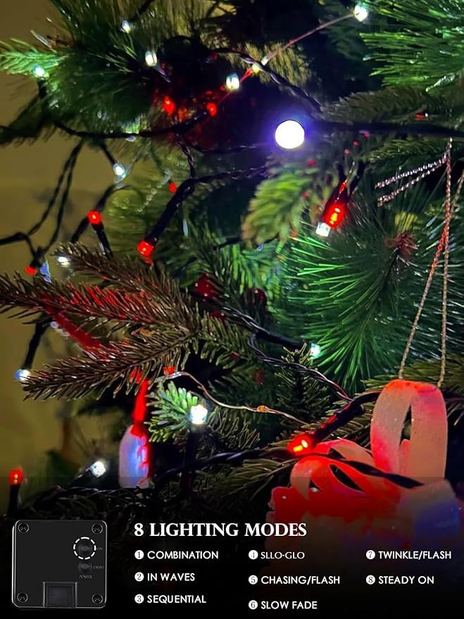 4-pack Red and White Solar Christmas Lights Outdoor Waterproof 400LED 132FT Solar Powered LED String Lights Green Wire with 8 Modes Solar Fairy Lights for Xmas Tree Party Wedding Garden Fence Decor