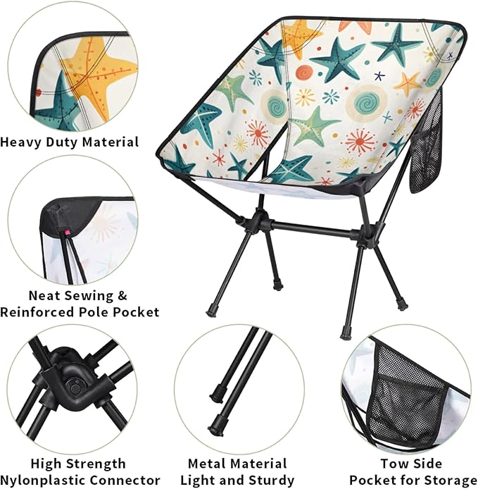 Honeybaby Folding Camping Chair Starfish Pattern Camping Chairs Lightweight Portable Chair Outdoor Foldable Chairs for Camping Travel Picnic Beach Hiking