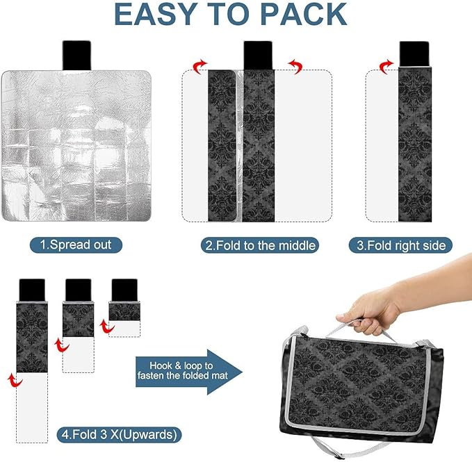 Gothic Skulls Damask Style Black White Waterproof Outdoor Picnic Blanket Sandproof Beach Mat for Camping Hiking Grass Travelling