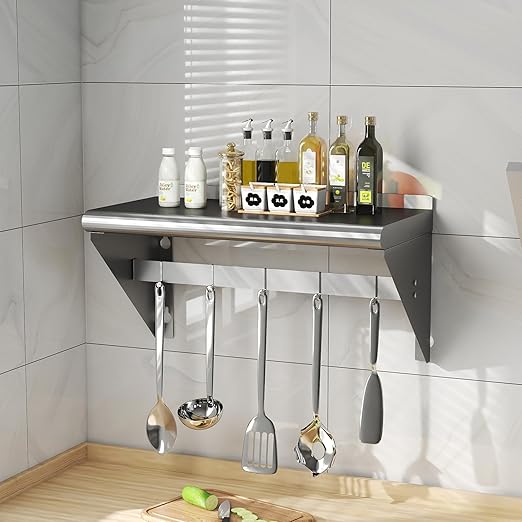 Commercial Stainless Steel Shelf with 5 Hooks 12 x 24 Wall Mounted Food Service Storage Rack Shelves Heavy Duty 250 lb Metal Shelf for Kitchen Restaurant Food Truck Garage Laundry Room