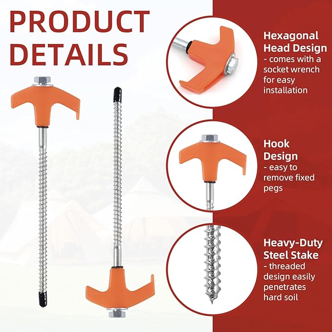 50 Pack 8 Inch Screw in Tent Stakes Heavy Duty Tent Stakes Screw in Ground Camping Stake with Hex Head Driver Metal Pegs Spikes for Camping Garden Yard (Orange)