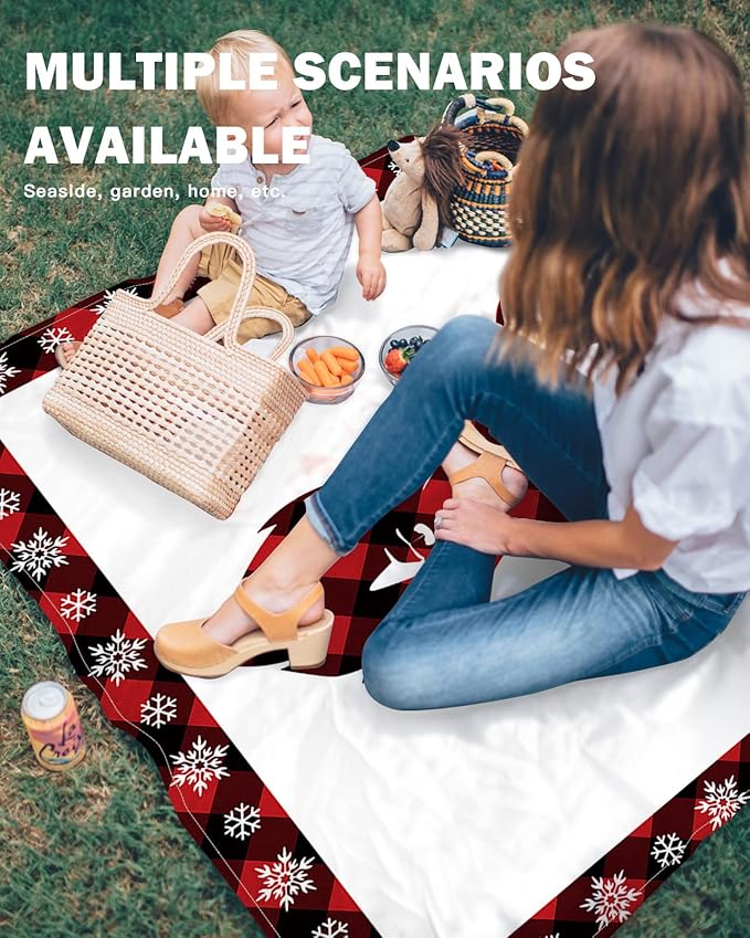 Beach Blanket Waterproof Sandproof Christmas Reindeer Snowflake Quick Drying Beach Mat with 4 Stakes Red Black Buffalo Check Lightweight Picnic Blanket for Travel Camping Outdoor 83x79