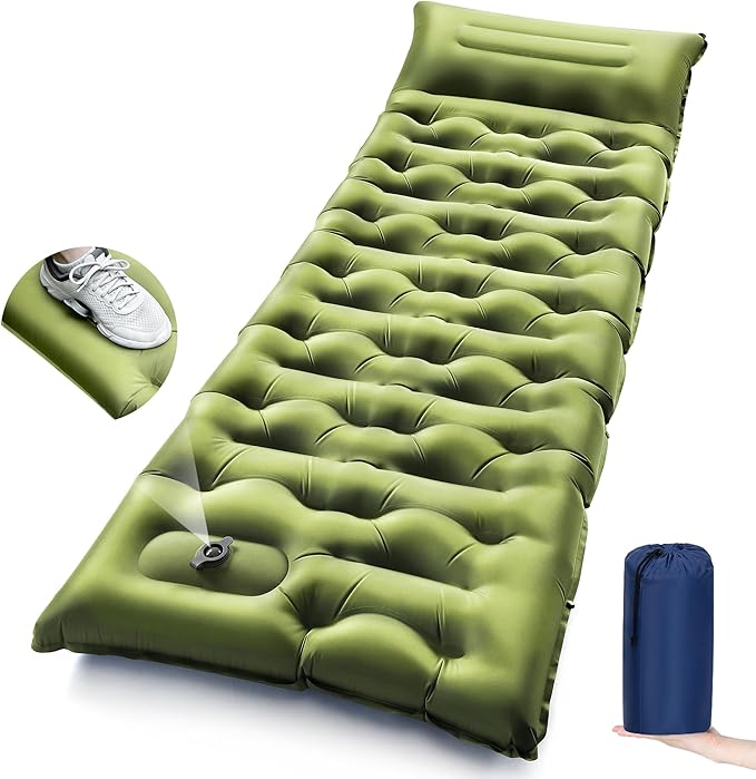Camping Sleeping Pad5.9 Inch Thick Camping Mat with Built in Pillow and Foot PumpSelf Inflating Sleeping Pad for Camping Backpacking（Green