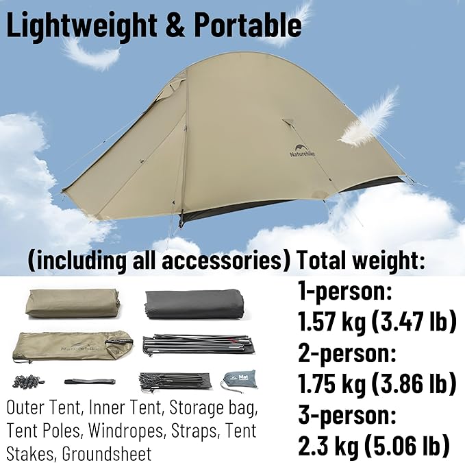 Naturehike Cloud up Pro Camping Tent 1/2/3 Person Ultralight Tents 3 Season Backpacking Tent Waterproof for One Man Self-Standing Easy Setup for Cycling Outdoor Camp