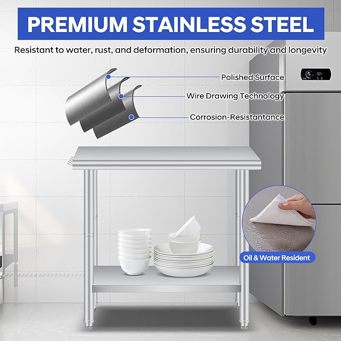 36 x 24 Inch Stainless Steel Prep Table Commercial Worktables &amp Workstations with Adjustable Undershelf Heavy Duty Kitchen Island for Restaurant Kitchen Laundry