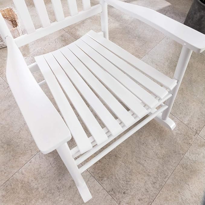 Outdoor Patio Rocking Chair Furniture Comfy Rocker for Adults Porch Balcony Garden Indoor Outside Wooden White