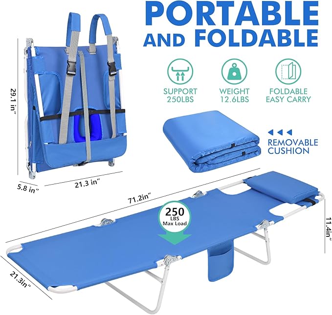 3 in 1 Women Comfort Backpack Tanning Beach Chair with Face Hole Padded Adjustable &amp Cushion | Portable Folding Lounge Sun Chair for Adult Outside Reading Sunbathing Poolside | Reclining 6 Positio