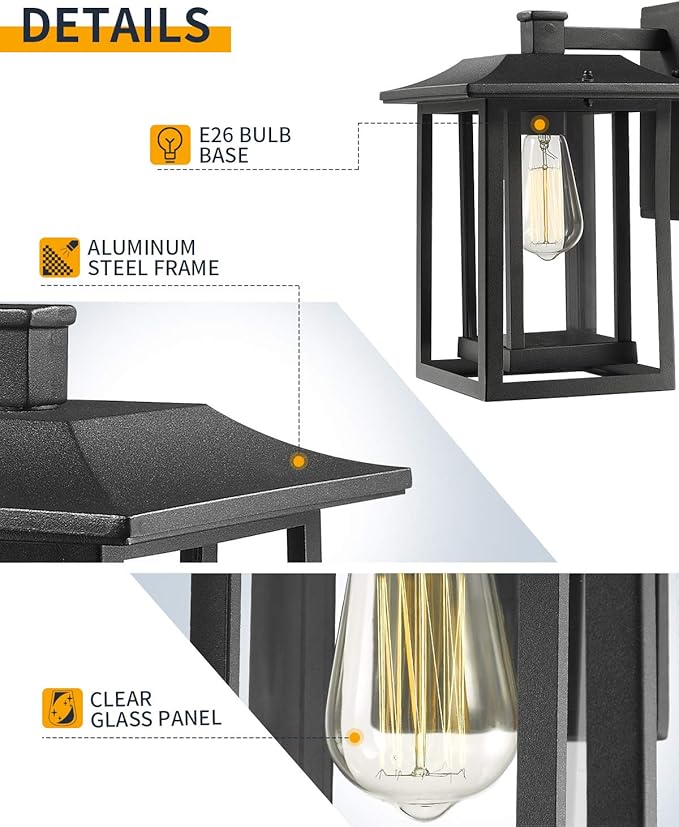 Beionxii Outdoor Light Fixture Dusk to Dawn Exterior Wall Mount Lantern Outside Lights for House Porch Patio Black Cast Aluminum w/Clear Glass (13.5 x 9) - A197W-2PK