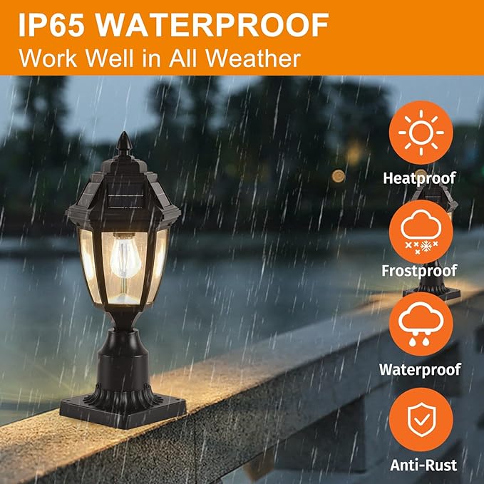 Solar Outdoor Post Lights 2 Pack Dusk to Dawn Outdoor Column Light with Pier Mount Base Black Exterior Solar Powered Pole Light for Outside Porch Yard Pathway Driveway