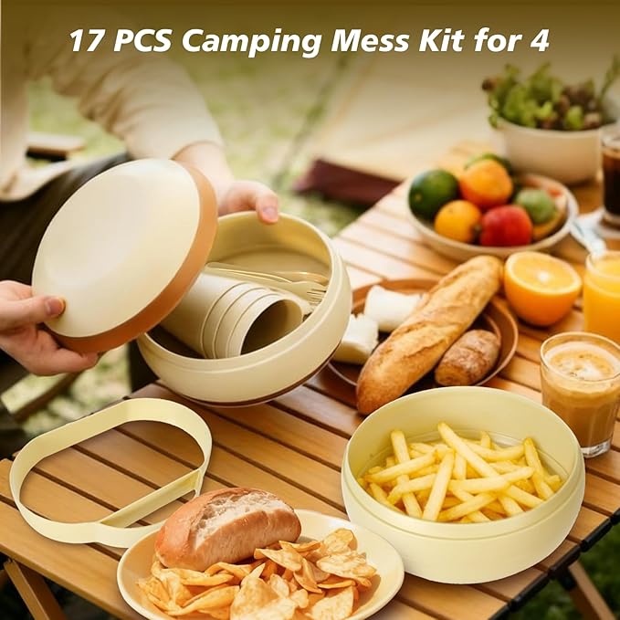 Camping Dishes Picnic Set Camping Plates Cups and Bowls Set with Spoons and Forks BPA Free 17PCS Camping Mess Kit Plastic Reusable Cutlery Set for 4 Portable Small Size Not Microwave Safe