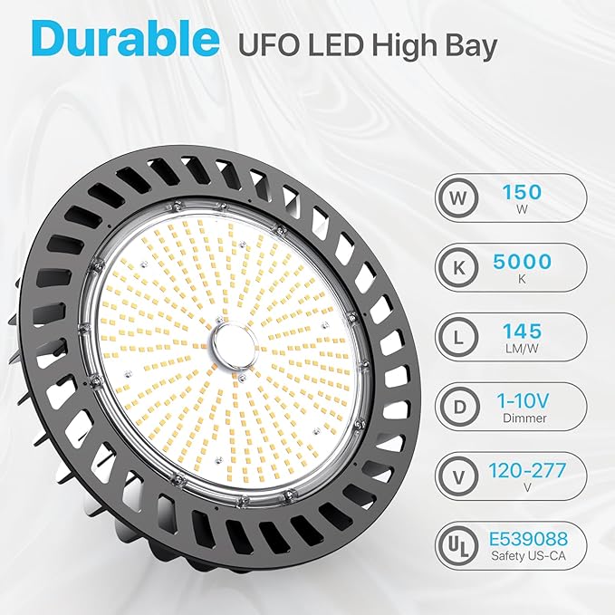 HYPERLITE UFO Led High Bay Light 150W 21750lm 5000K 1-10V Dimmable High Bay Led Lights UL Listed US Hook 5' Cable Led High Bay Lights Alternative to 650W MH/HPS for Gym Factory Warehouse