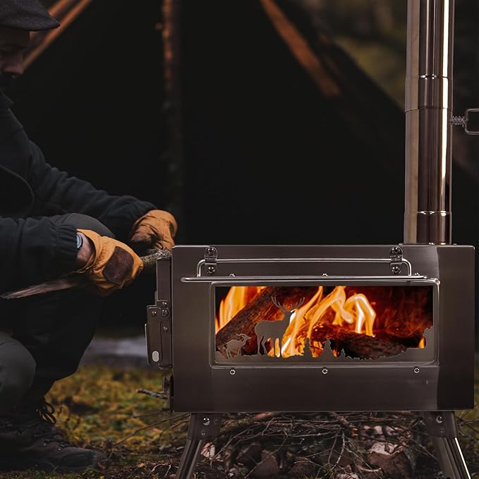 Outdoor Wood Burning Stove Portable with Chimney Pipe for Cooking Camping Tent Hiking Fishing Backpacking