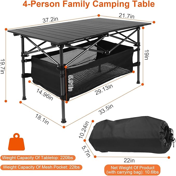 Folding Camping Table Portable Aluminum Roll-up Lightweight Picnic Table with Large Storage Basket and Carrying Bag for Camping Picnic BBQ Beach Party Backyard