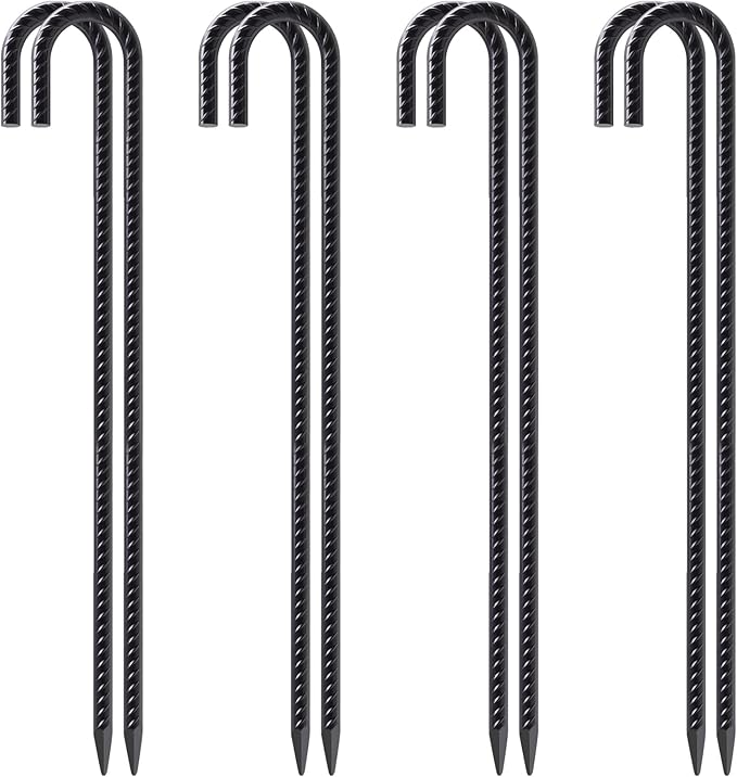 VVOKGO Rebar Stakes 24 Inch J Hook Heavy Duty Ground Anchors (8pcs) 3/8 Inch Diameter Metal Steel Extra Long Fence Stakes with Chisel Point End for Greenhouse Gazebo Carport Camping Tents Black