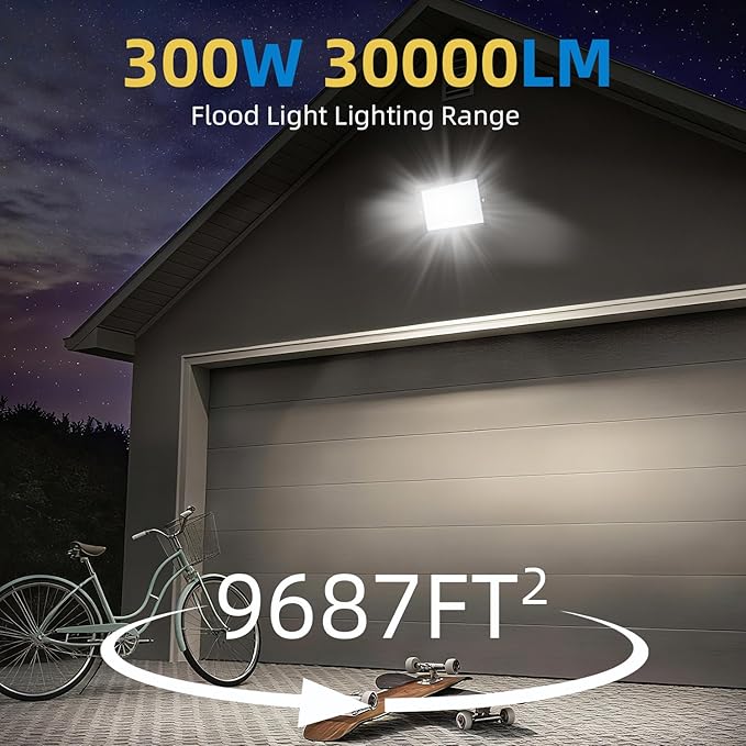 300W LED Flood Light Outdoor 2Pack 30000LM Super Bright IP66 Waterproof Outside Work Lights 6500K Daylight White Security Lights Plug in Flood Light for Yard Garage Garden Patio