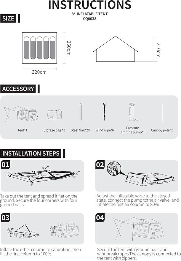 Inflatable Camping Tent with Manual Pump 4-Season Waterproof Windproof Luxury Glamping Tent Easy Setup Blow Up Tent with Mesh Windows Portable Outdoor House Tent for Family Camping