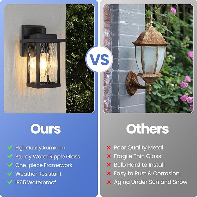 Outdoor Wall Sconce Outside Porch Light Fixtures Wall Mount Anti-Rust Exterior Wall Lights in Wood Grain Finish &amp Black Finish with Water Ripple Glass for Garage Doorway Entryway