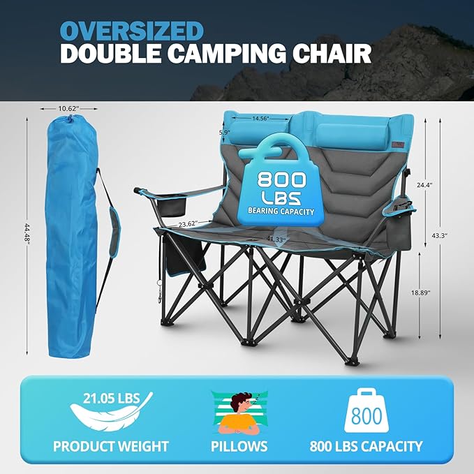 Oversized Double Camping Chair Heavy Duty Camping Loveseat Extra Tall 2 Person Lawn Chair for Adults Foldable Camping Chairs with Cup Holders Perfect for Outdoor Sports Backyard(Bluegray)