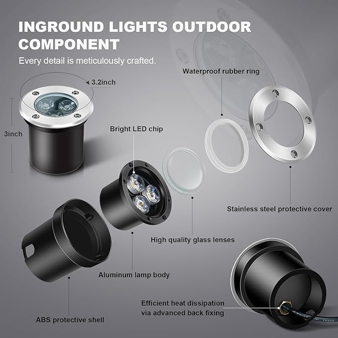 8Pack Low Voltage Landscape Lights with Connectors 3W LED 12-24V In-Ground Lighting IP67 Waterproof Garden Lights 3000K Outdoor Decorative Light for Yard Pathway Tree Patio (Warm White)