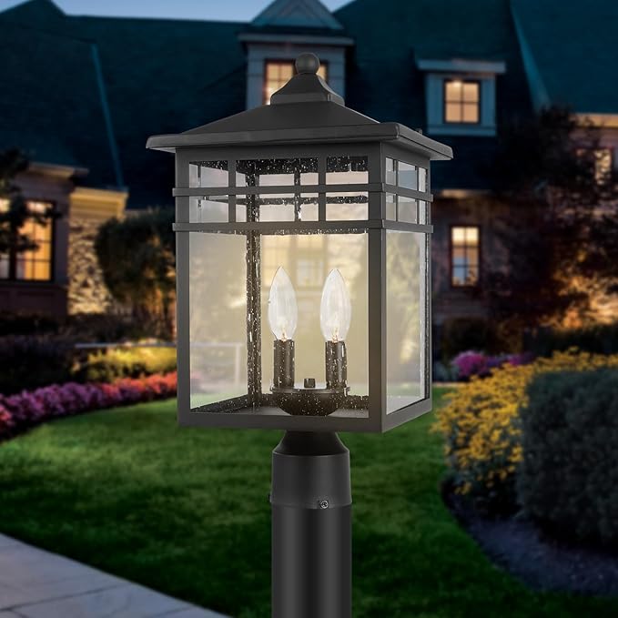 Outdoor Post Light Fixture 2-Light Large Exterior Pillar Lantern with Black Finish &amp Seeded Glass 10 Inch Square Pier Mount Lamp for Garden Backyard Courtyard Patio Deck Pathway Walkway