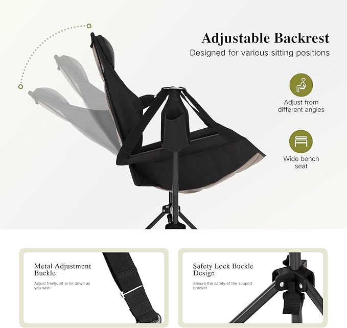 HIGH POINT SPORTS Hammock Camping Chair Adjustable Back Swinging Chair Folding Outdoor Rocking Chair Heavy Duty Portable Camp Chair with Cup Holder and High Back for Adults Black