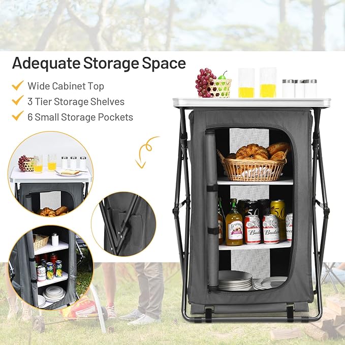 Giantex Folding Camping Storage Cabinet with 3 Shelves and Carry Bag Portable Outdoor Organizer Kitchen Table Quick Set-up for BBQ Picnic Backyard Compact Pop-Up Cupboard 35''H