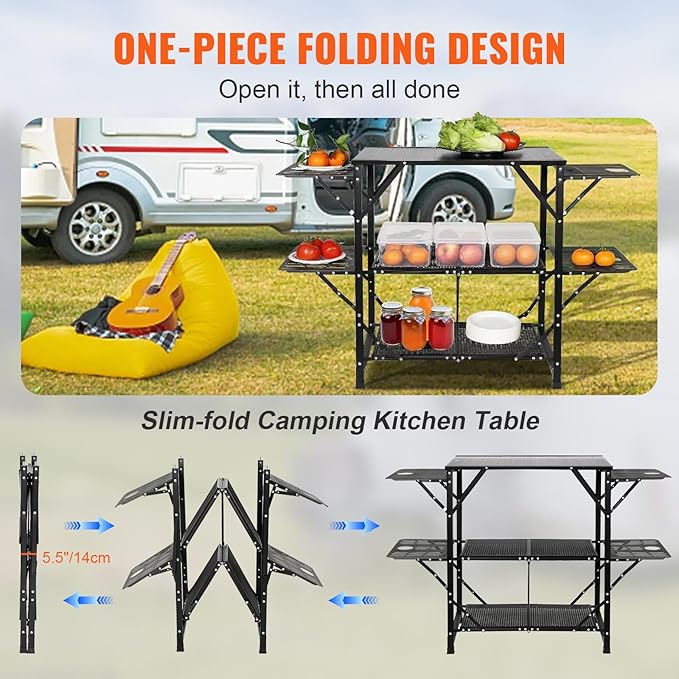 VEVOR Camping Kitchen Table Aluminum Folding Portable Outdoor Cook Station with 4 Iron Side 2 Shelves &amp Carrying Bag Quick Installation for Picnic BBQ Beach Traveling