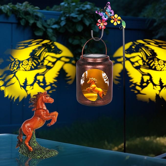 Horse Solar Lanterns Outdoor with Shepherds Hook and Resin Horse Figurine Inside LanternGifts for Women Mom Grandma Hanging Solar Lights for Garden Yard Patio Backyard