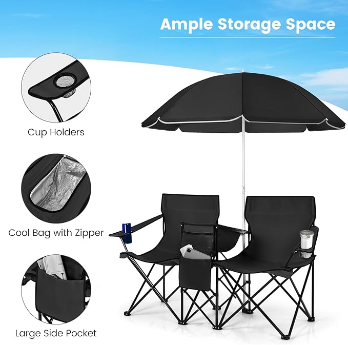 Double Camping Chair 2-Person Portable Beach Chair w/Removable Umbrella Cup Holders &amp Carrying Bag Folding Loveseat Chairs for Adults Outdoor Picnic (Black)