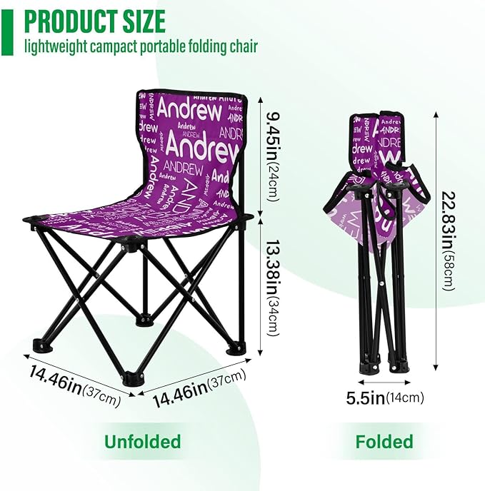 Sinestour Purple Custom Folding Camping Chair for Teen Child Personalized Name 14.6×14.6in Portable Outdoor Chair with Carry Bag for Picnic Lawn Travel