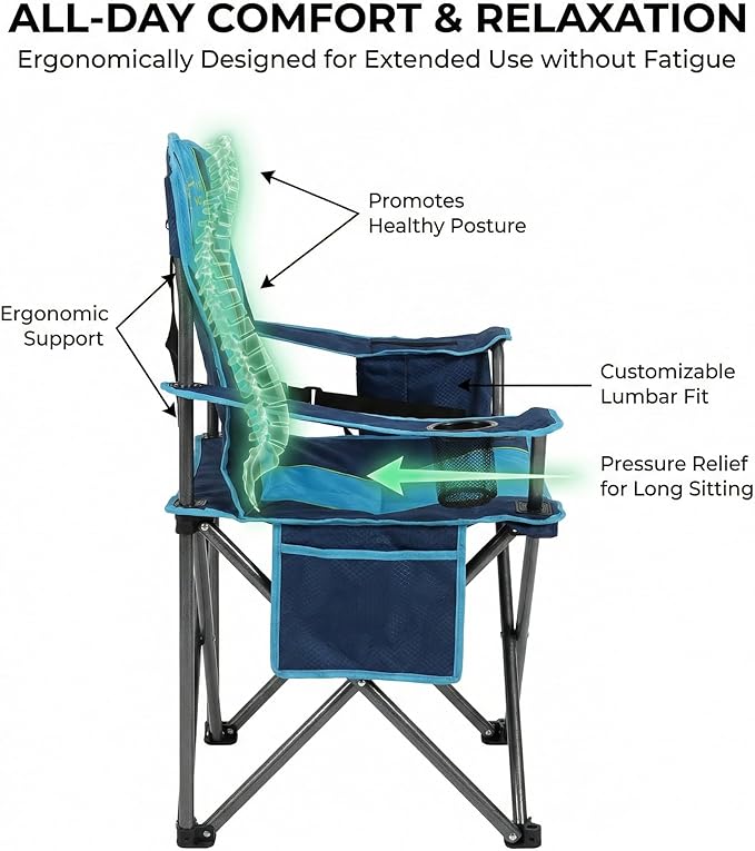 FAIR WIND Heavy Duty Camping Chair Oversized Padded Folding Chair for Big and Tall (450lbs) Extra Wide Seat with Integrated Cooler &amp Storage Pocket Adjustable Lumbar Support for Outdoor