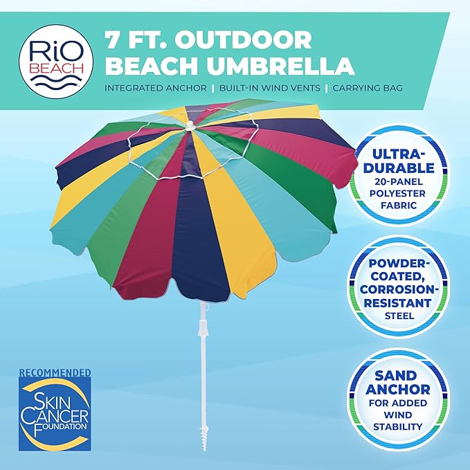 Rio Brands 7' Alternating 20-Panel Beach Umbrella with Sand Anchor and Carrying Bag Multicolor