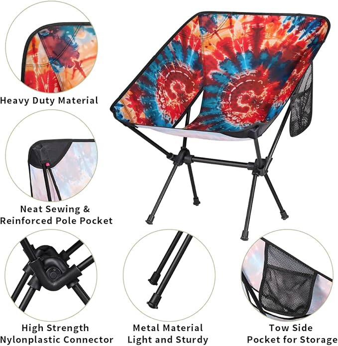 Tie Dye Colorful Camping Chair Rainbow Colorful Lightweight Folding Chair Portable Compact for Outdoor Travel Beach Hiking Backpacking