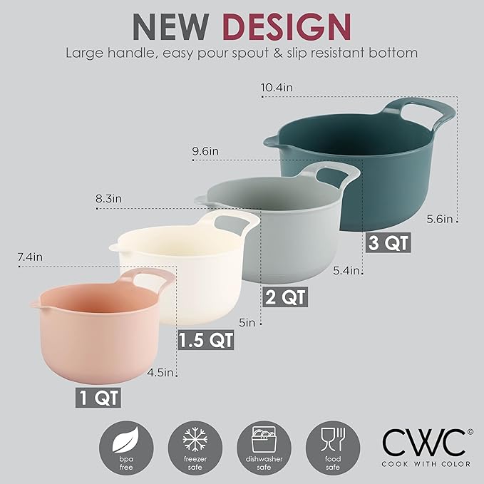 COOK WITH COLOR Nesting Plastic Mixing Bowl Set with Pour Spouts and Handles Teal and Pink 4 Piece Non-Slip