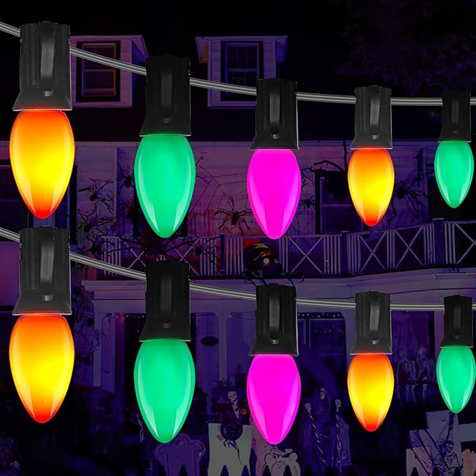 C7 LED Halloween String Lights 25FT Vintage Colorful Lights with 27 Orange/Green/Purple LED Bulbs Outdoor String Lights for Halloween Christmas Tree Party Backyard - Black Wire